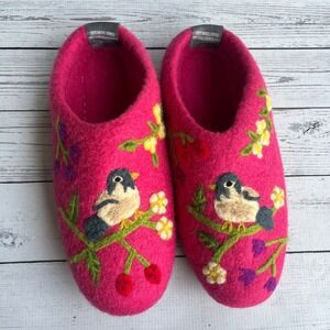 French Knot x Print Fresh 100% Wool Slippers House Shoes Floral Bird L 9-9.5